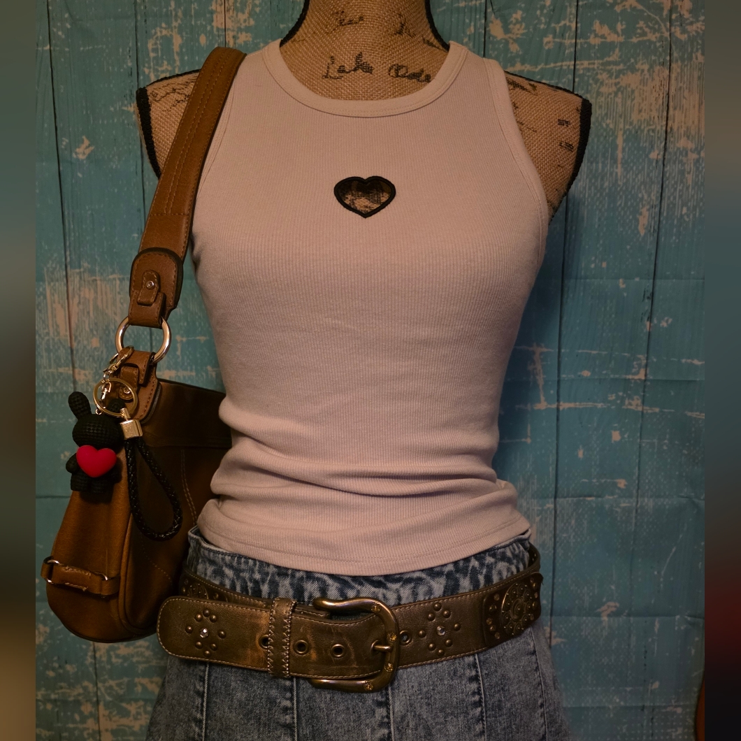 Wild Fable Women's Sleeveless Ribbed Croptank Top W/Black Embroidered Heart